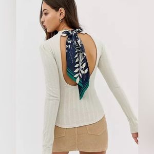 Free People Open-Back Knit Long Sleeve Top with Contrast Tie Detail At Neck